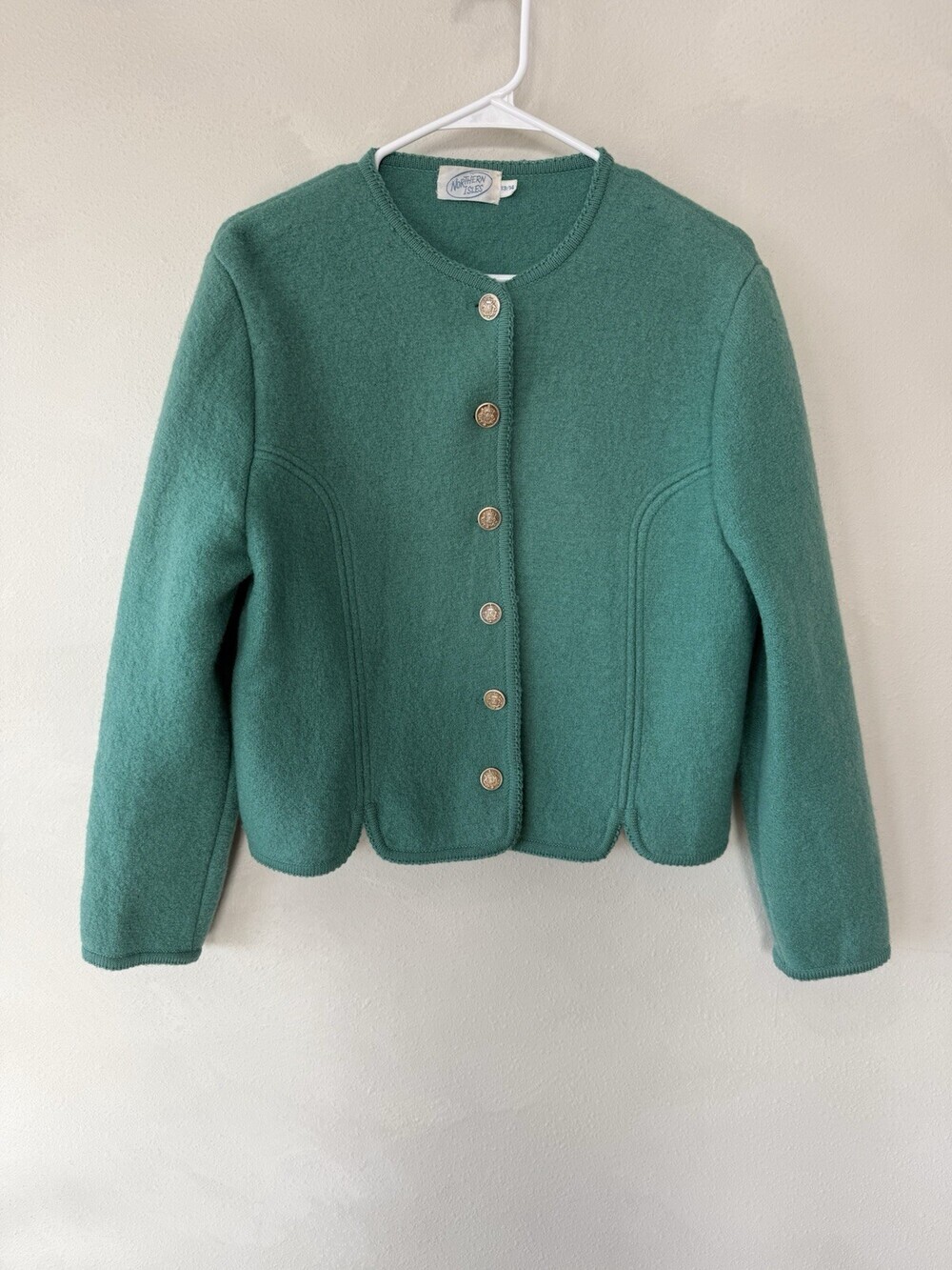 Northern Isles Cardigan Teal Green 100% Wool Shell Buttons Long Sleeve 13/14